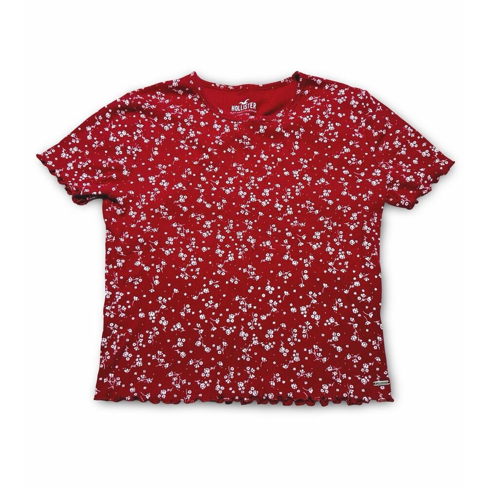 Hollister Red Ditsy Floral Ribbed Baby Tee Size Small